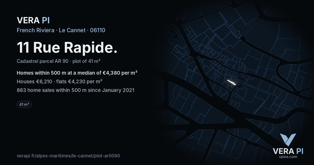 11 Rue Rapide, Le Cannet at night – the plot lit, the parcels around coloured by the prices near them