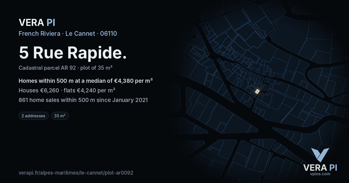 5 Rue Rapide, Le Cannet at night – the plot lit, the parcels around coloured by the prices near them