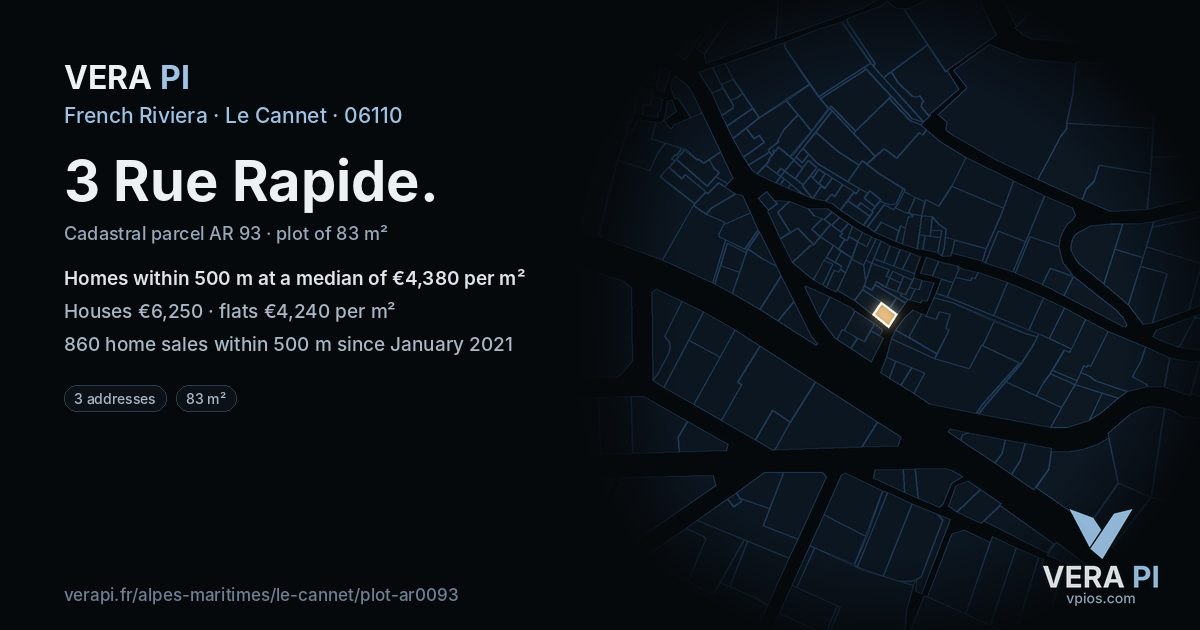 3 Rue Rapide, Le Cannet at night – the plot lit, the parcels around coloured by the prices near them