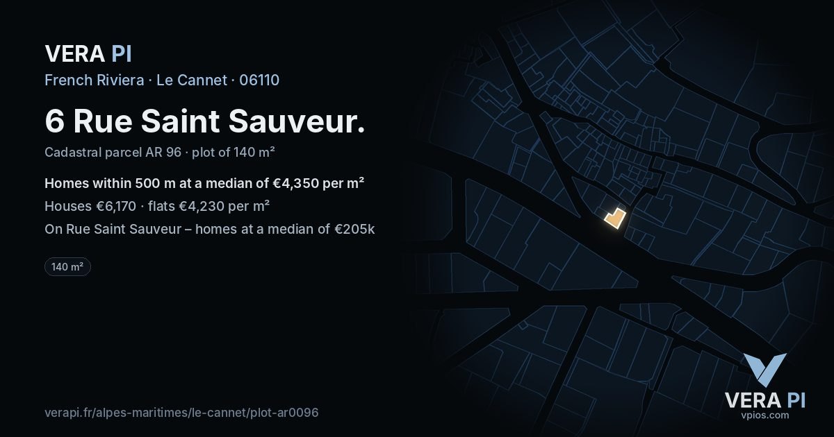 6 Rue Saint Sauveur, Le Cannet at night – the plot lit, the parcels around coloured by the prices near them