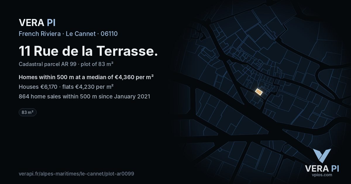 11 Rue de la Terrasse, Le Cannet at night – the plot lit, the parcels around coloured by the prices near them