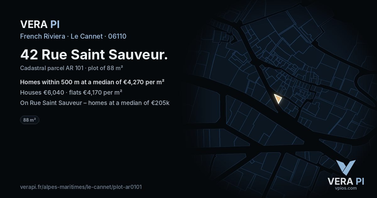 42 Rue Saint Sauveur, Le Cannet at night – the plot lit, the parcels around coloured by the prices near them