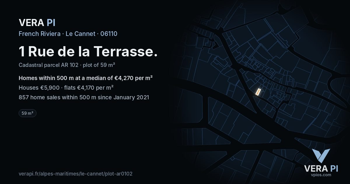 1 Rue de la Terrasse, Le Cannet at night – the plot lit, the parcels around coloured by the prices near them