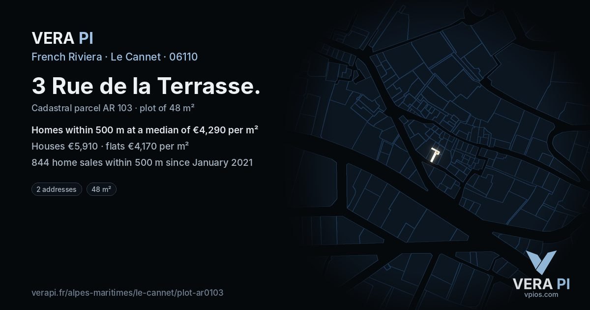 3 Rue de la Terrasse, Le Cannet at night – the plot lit, the parcels around coloured by the prices near them