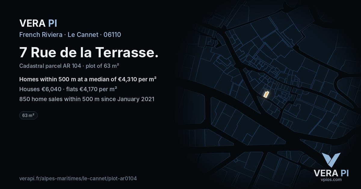 7 Rue de la Terrasse, Le Cannet at night – the plot lit, the parcels around coloured by the prices near them