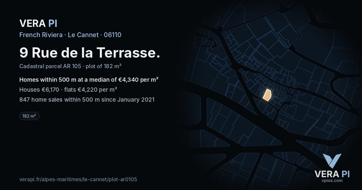 9 Rue de la Terrasse, Le Cannet at night – the plot lit, the parcels around coloured by the prices near them