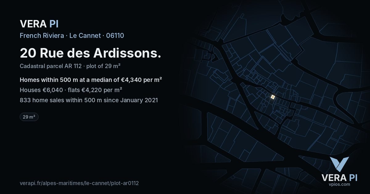 20 Rue des Ardissons, Le Cannet at night – the plot lit, the parcels around coloured by the prices near them