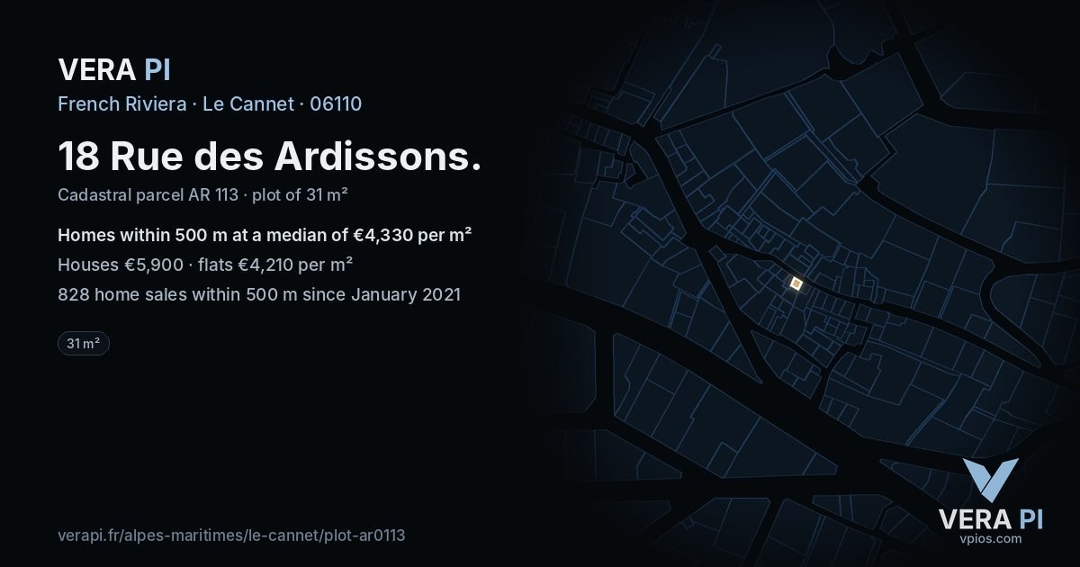 18 Rue des Ardissons, Le Cannet at night – the plot lit, the parcels around coloured by the prices near them