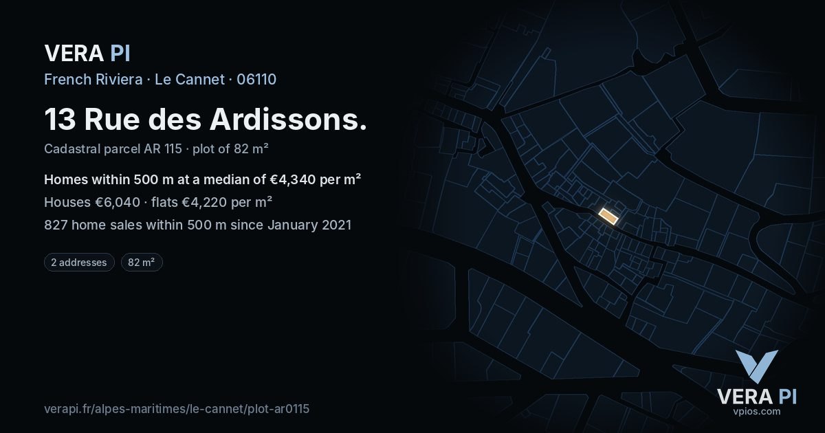 13 Rue des Ardissons, Le Cannet at night – the plot lit, the parcels around coloured by the prices near them