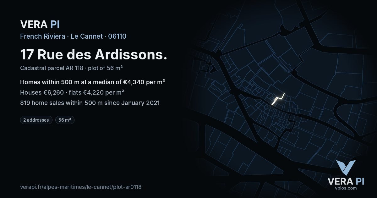 17 Rue des Ardissons, Le Cannet at night – the plot lit, the parcels around coloured by the prices near them