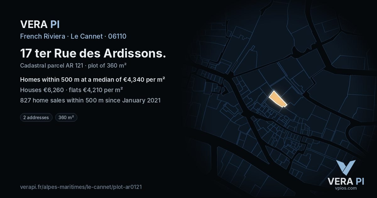 17 ter Rue des Ardissons, Le Cannet at night – the plot lit, the parcels around coloured by the prices near them