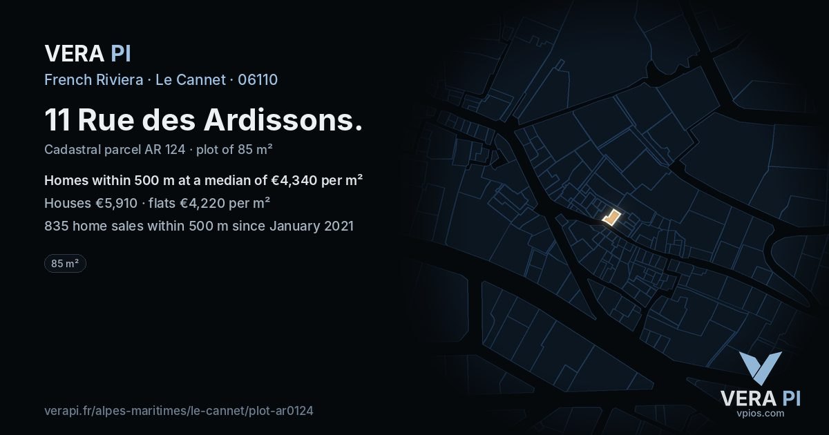 11 Rue des Ardissons, Le Cannet at night – the plot lit, the parcels around coloured by the prices near them