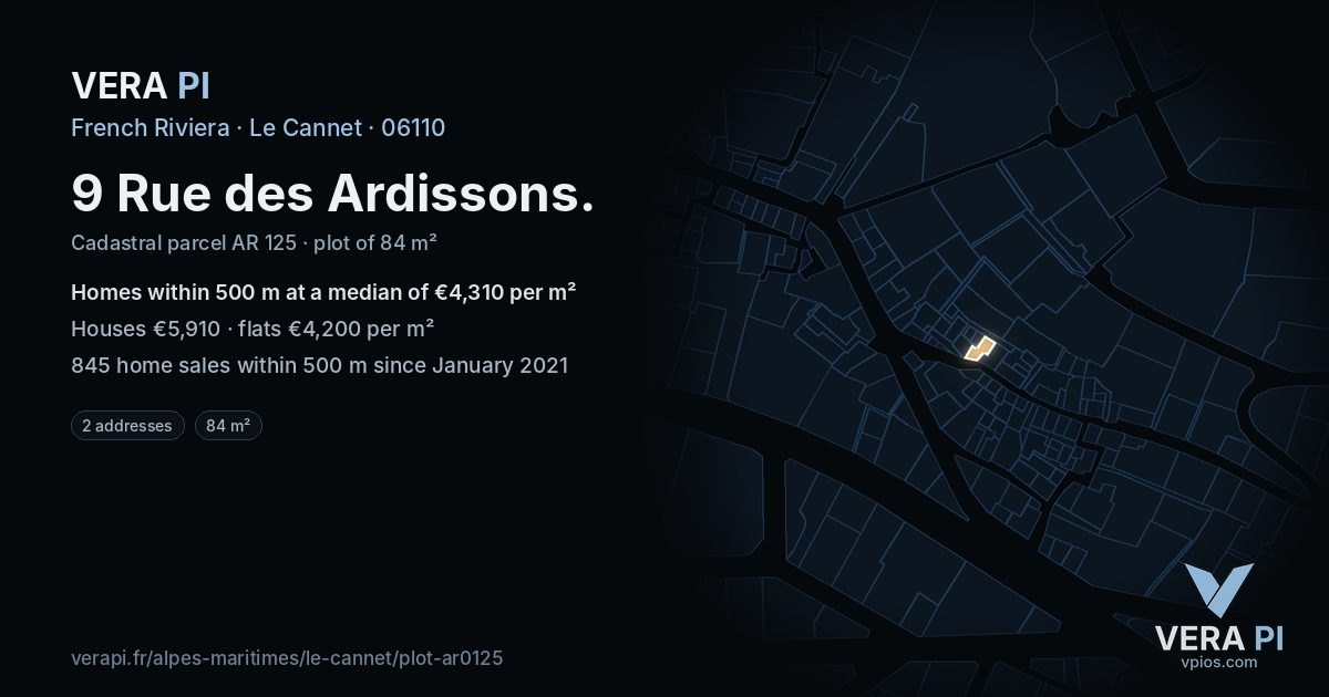 9 Rue des Ardissons, Le Cannet at night – the plot lit, the parcels around coloured by the prices near them