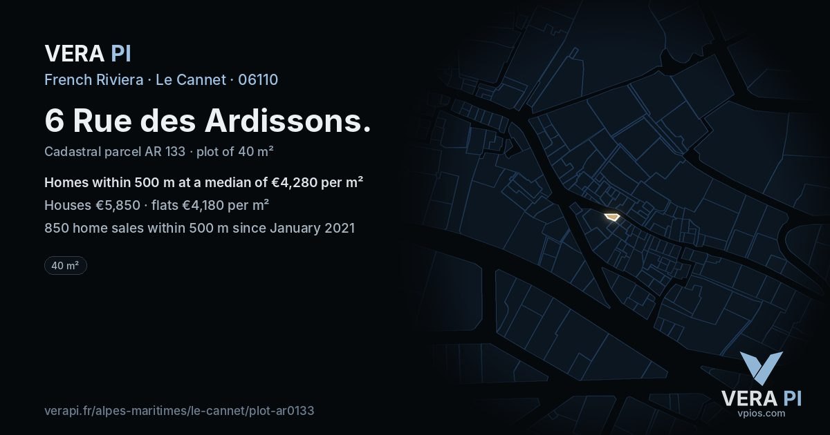 6 Rue des Ardissons, Le Cannet at night – the plot lit, the parcels around coloured by the prices near them
