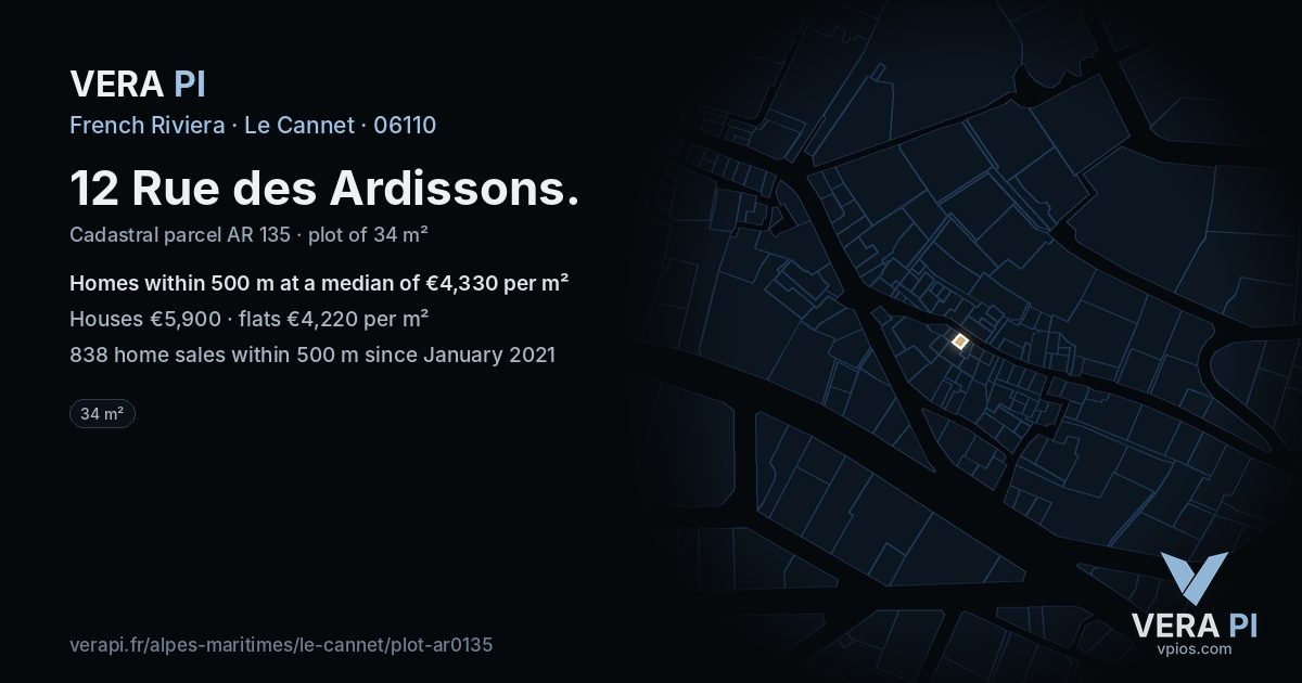 12 Rue des Ardissons, Le Cannet at night – the plot lit, the parcels around coloured by the prices near them