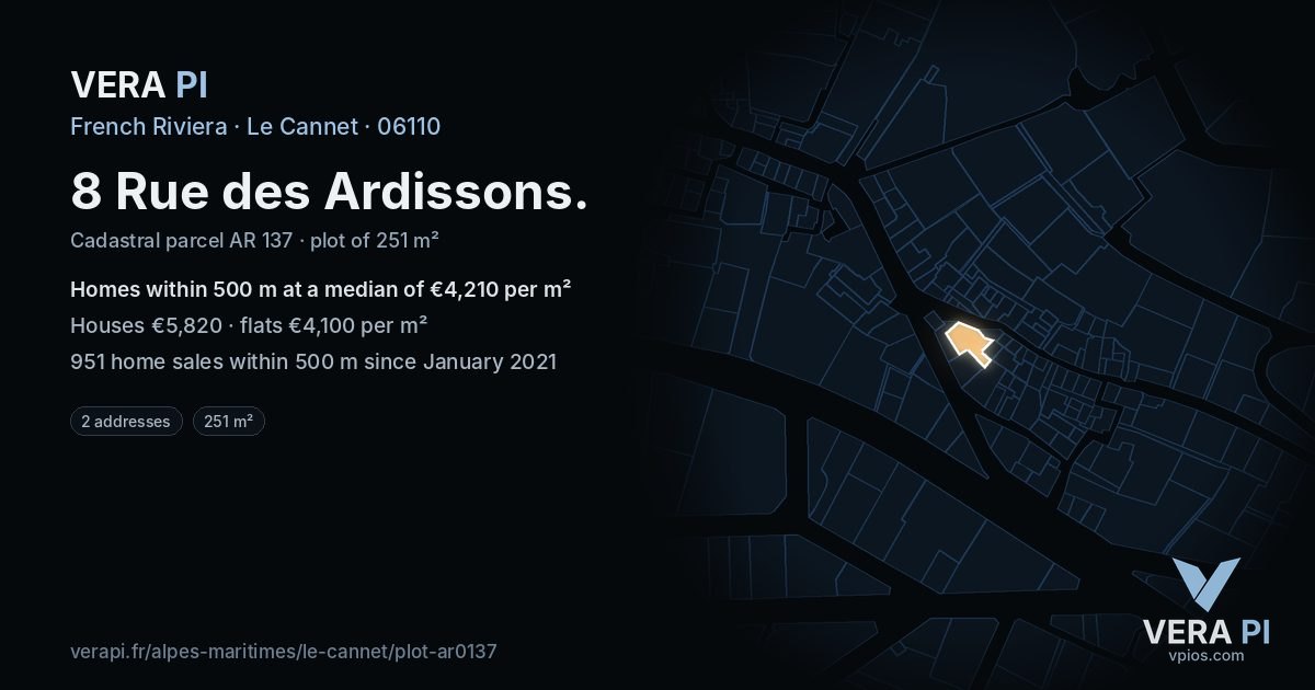 8 Rue des Ardissons, Le Cannet at night – the plot lit, the parcels around coloured by the prices near them