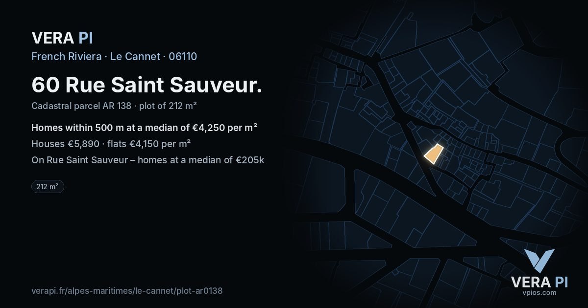 60 Rue Saint Sauveur, Le Cannet at night – the plot lit, the parcels around coloured by the prices near them