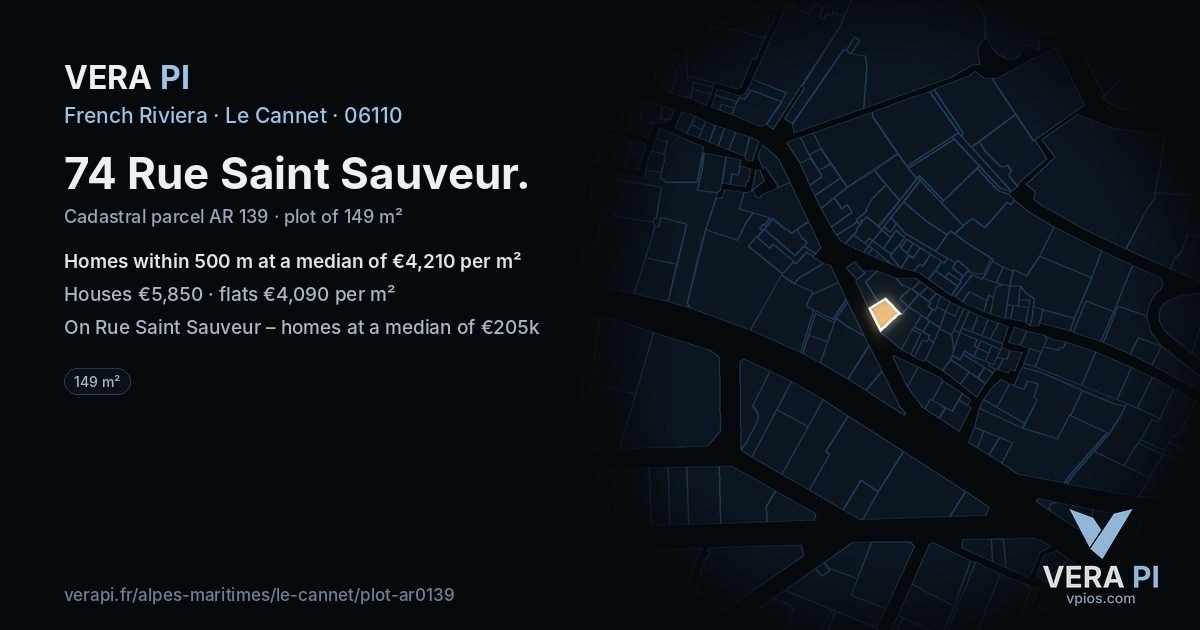 74 Rue Saint Sauveur, Le Cannet at night – the plot lit, the parcels around coloured by the prices near them