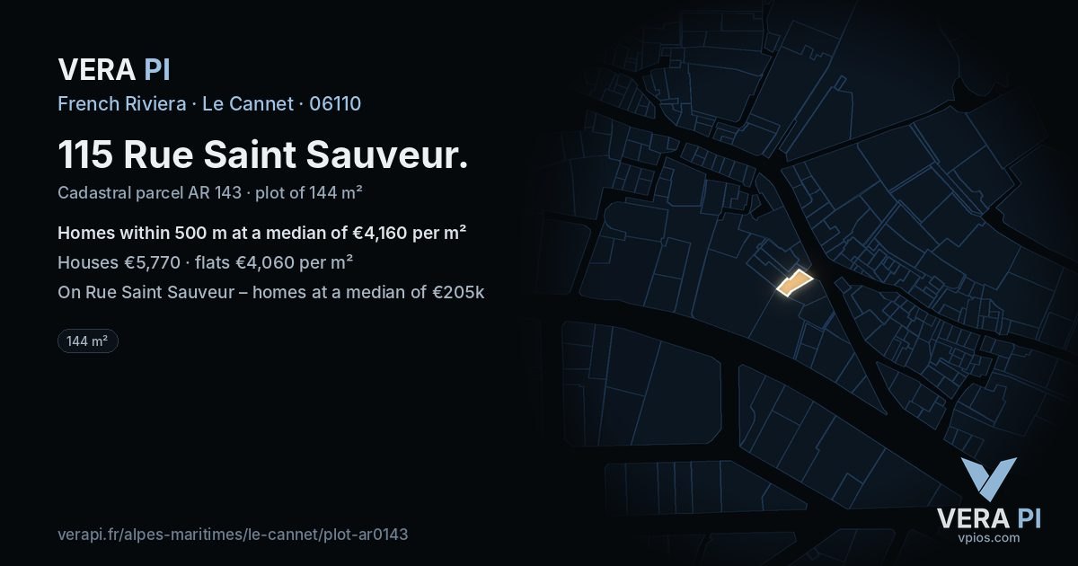 115 Rue Saint Sauveur, Le Cannet at night – the plot lit, the parcels around coloured by the prices near them