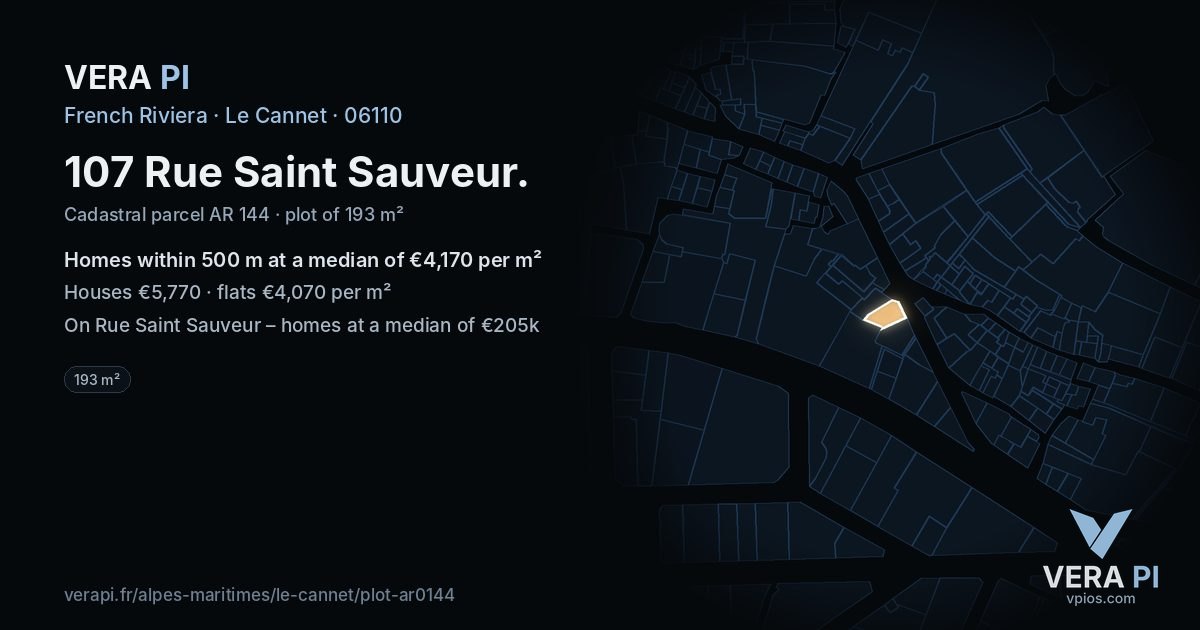 107 Rue Saint Sauveur, Le Cannet at night – the plot lit, the parcels around coloured by the prices near them