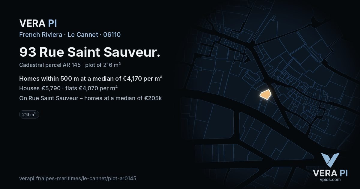 93 Rue Saint Sauveur, Le Cannet at night – the plot lit, the parcels around coloured by the prices near them