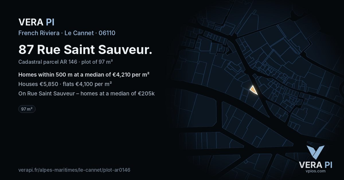 87 Rue Saint Sauveur, Le Cannet at night – the plot lit, the parcels around coloured by the prices near them