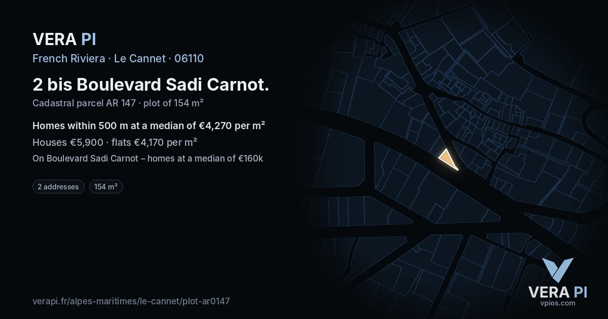 2 bis Boulevard Sadi Carnot, Le Cannet at night – the plot lit, the parcels around coloured by the prices near them
