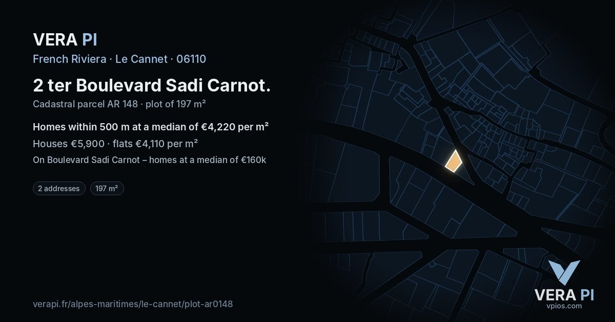2 ter Boulevard Sadi Carnot, Le Cannet at night – the plot lit, the parcels around coloured by the prices near them