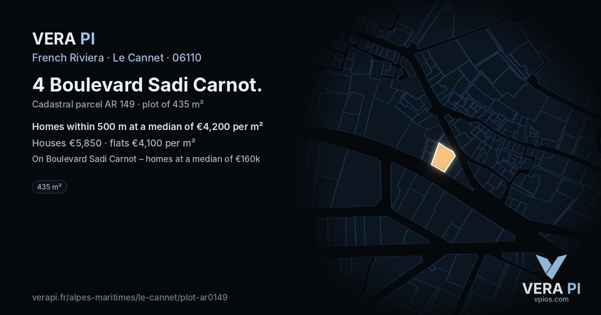 4 Boulevard Sadi Carnot, Le Cannet at night – the plot lit, the parcels around coloured by the prices near them