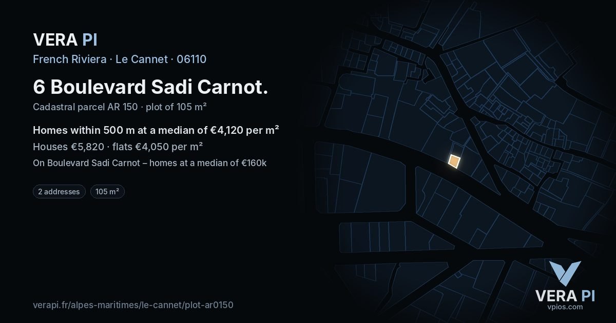 6 Boulevard Sadi Carnot, Le Cannet at night – the plot lit, the parcels around coloured by the prices near them