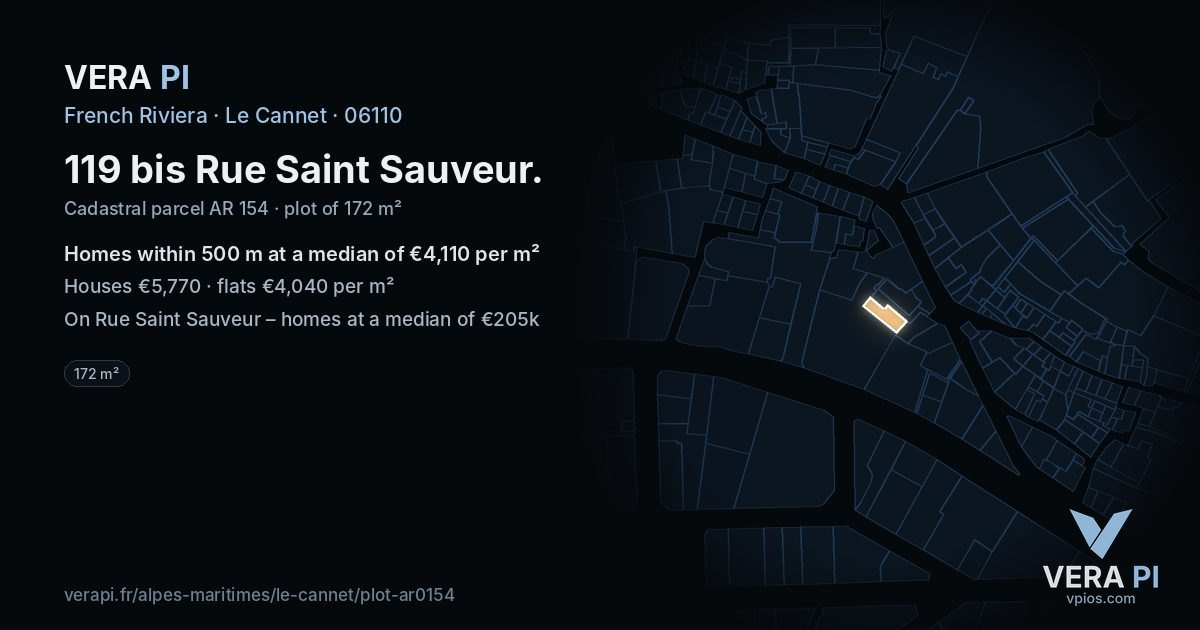 119 bis Rue Saint Sauveur, Le Cannet at night – the plot lit, the parcels around coloured by the prices near them