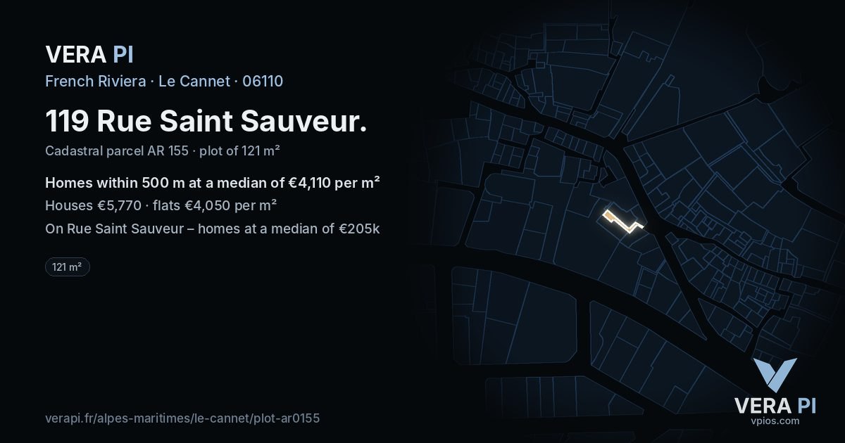 119 Rue Saint Sauveur, Le Cannet at night – the plot lit, the parcels around coloured by the prices near them