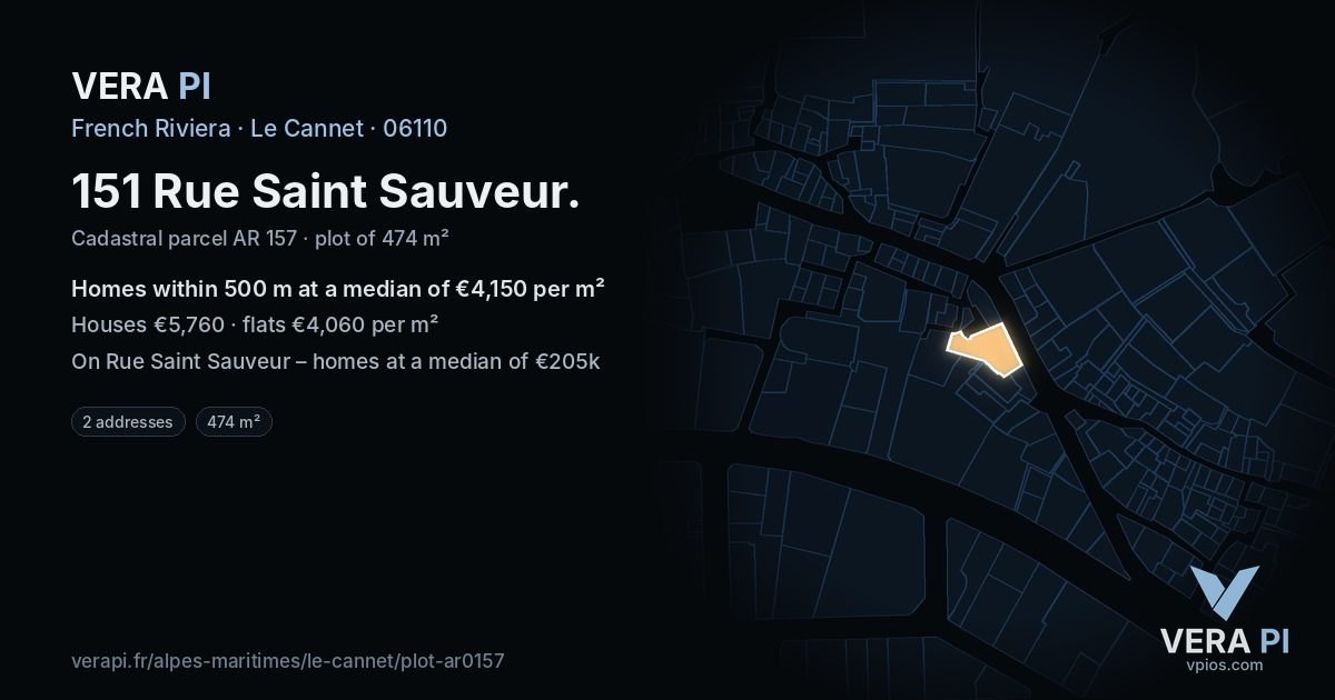 151 Rue Saint Sauveur, Le Cannet at night – the plot lit, the parcels around coloured by the prices near them