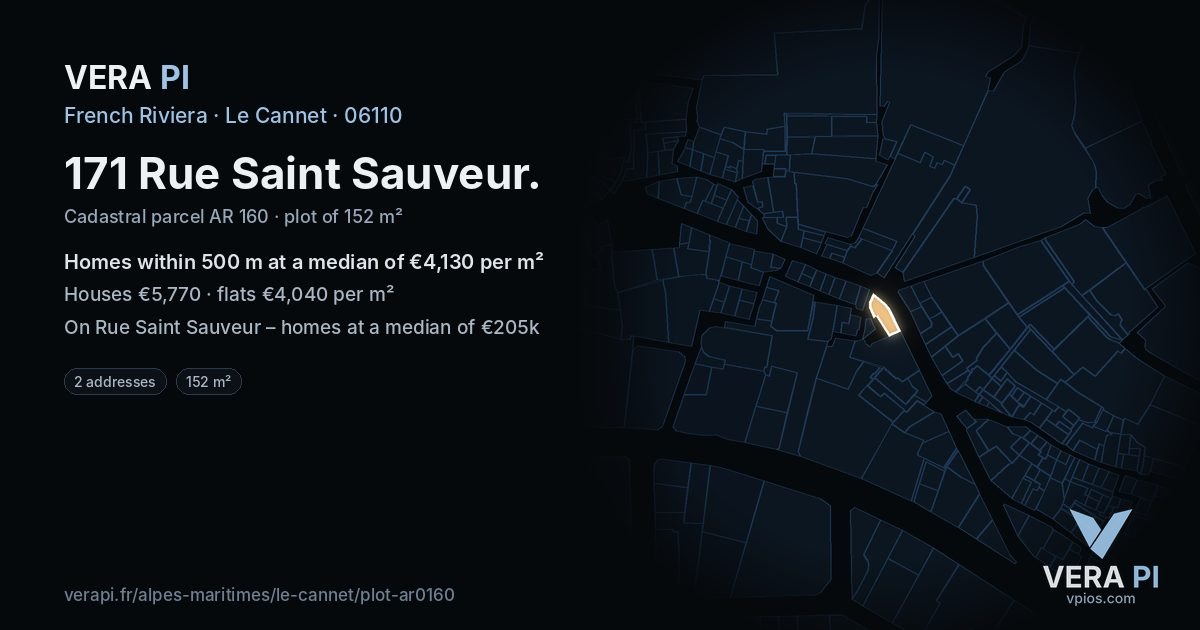 171 Rue Saint Sauveur, Le Cannet at night – the plot lit, the parcels around coloured by the prices near them