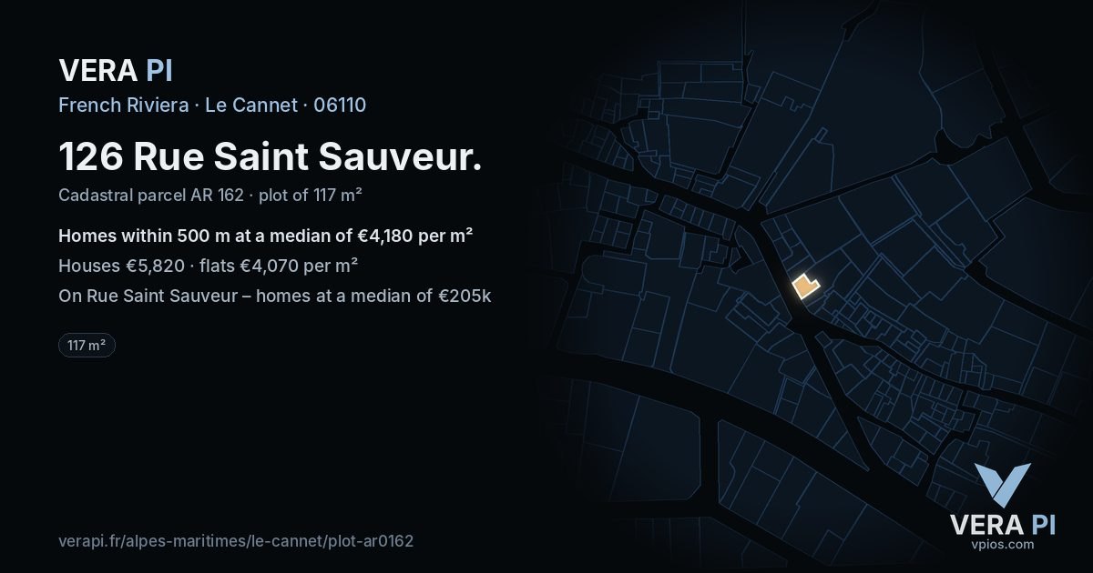 126 Rue Saint Sauveur, Le Cannet at night – the plot lit, the parcels around coloured by the prices near them
