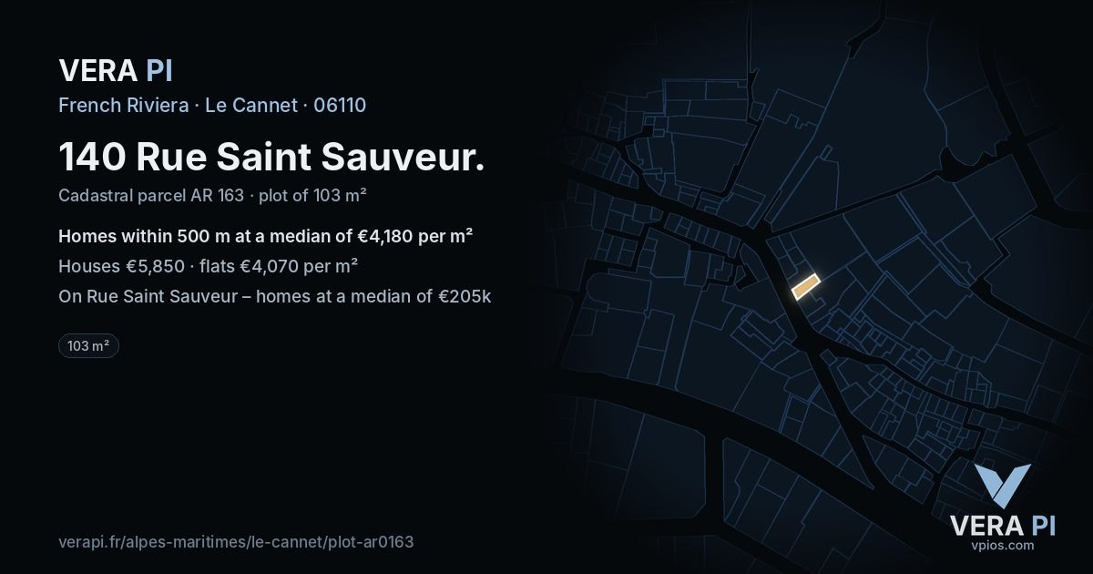 140 Rue Saint Sauveur, Le Cannet at night – the plot lit, the parcels around coloured by the prices near them