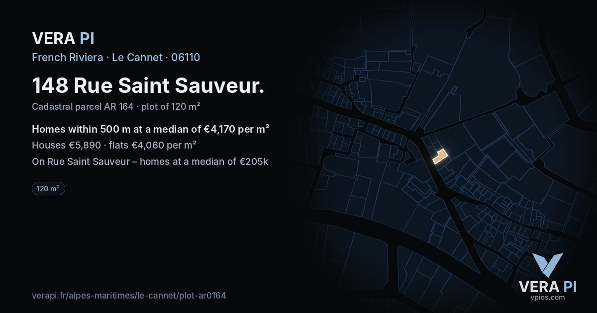 148 Rue Saint Sauveur, Le Cannet at night – the plot lit, the parcels around coloured by the prices near them