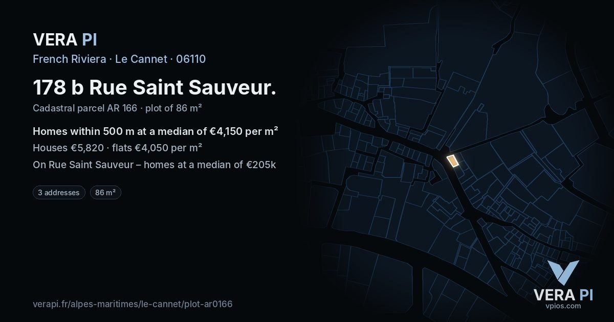 178 b Rue Saint Sauveur, Le Cannet at night – the plot lit, the parcels around coloured by the prices near them