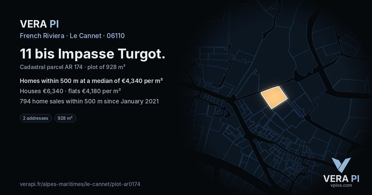 11 bis Impasse Turgot, Le Cannet at night – the plot lit, the parcels around coloured by the prices near them