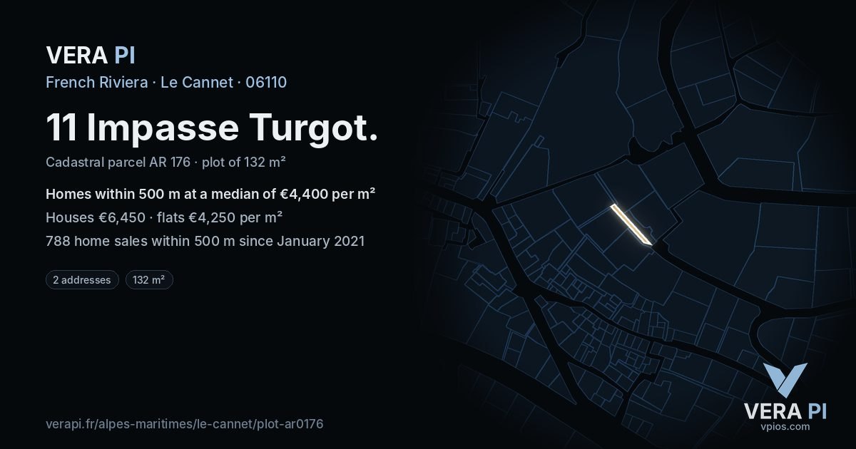 11 Impasse Turgot, Le Cannet at night – the plot lit, the parcels around coloured by the prices near them