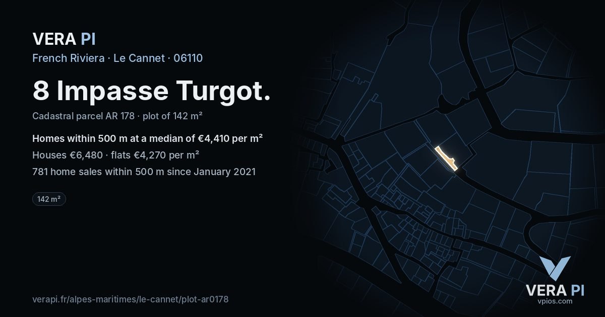 8 Impasse Turgot, Le Cannet at night – the plot lit, the parcels around coloured by the prices near them