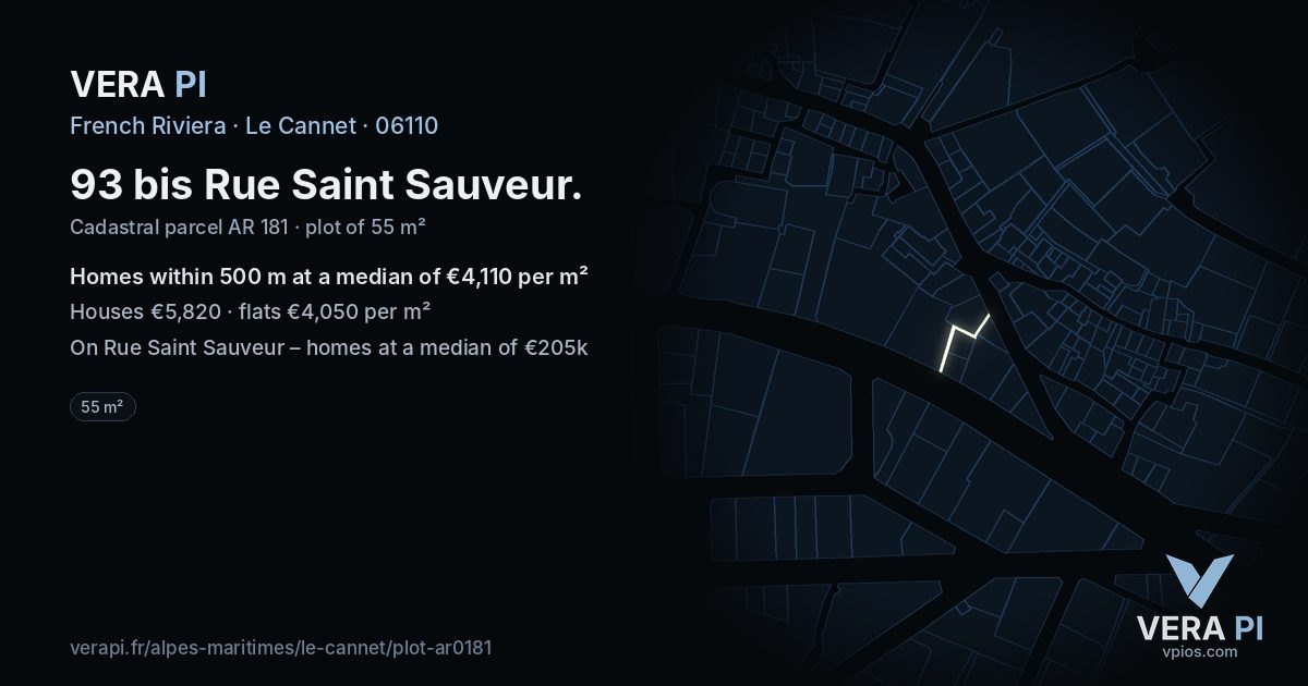93 bis Rue Saint Sauveur, Le Cannet at night – the plot lit, the parcels around coloured by the prices near them