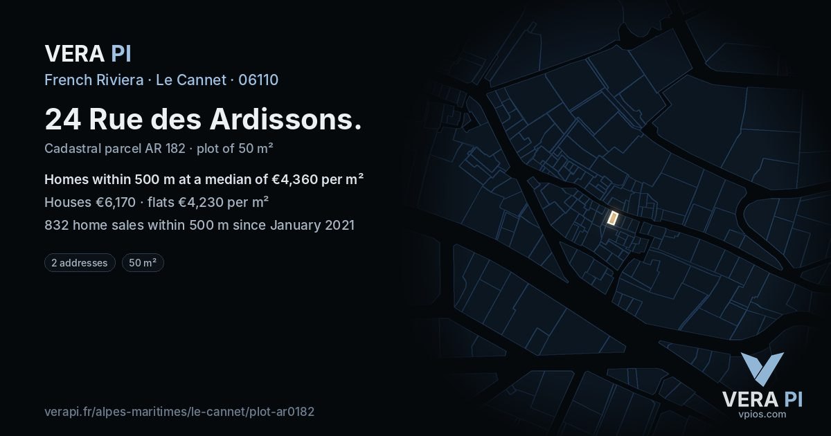 24 Rue des Ardissons, Le Cannet at night – the plot lit, the parcels around coloured by the prices near them