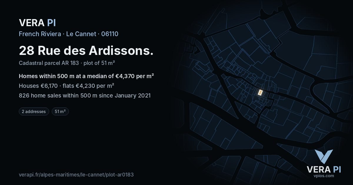 28 Rue des Ardissons, Le Cannet at night – the plot lit, the parcels around coloured by the prices near them