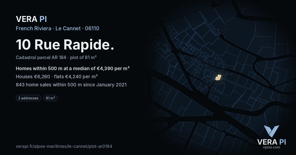 10 Rue Rapide, Le Cannet at night – the plot lit, the parcels around coloured by the prices near them