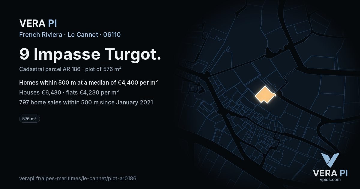 9 Impasse Turgot, Le Cannet at night – the plot lit, the parcels around coloured by the prices near them