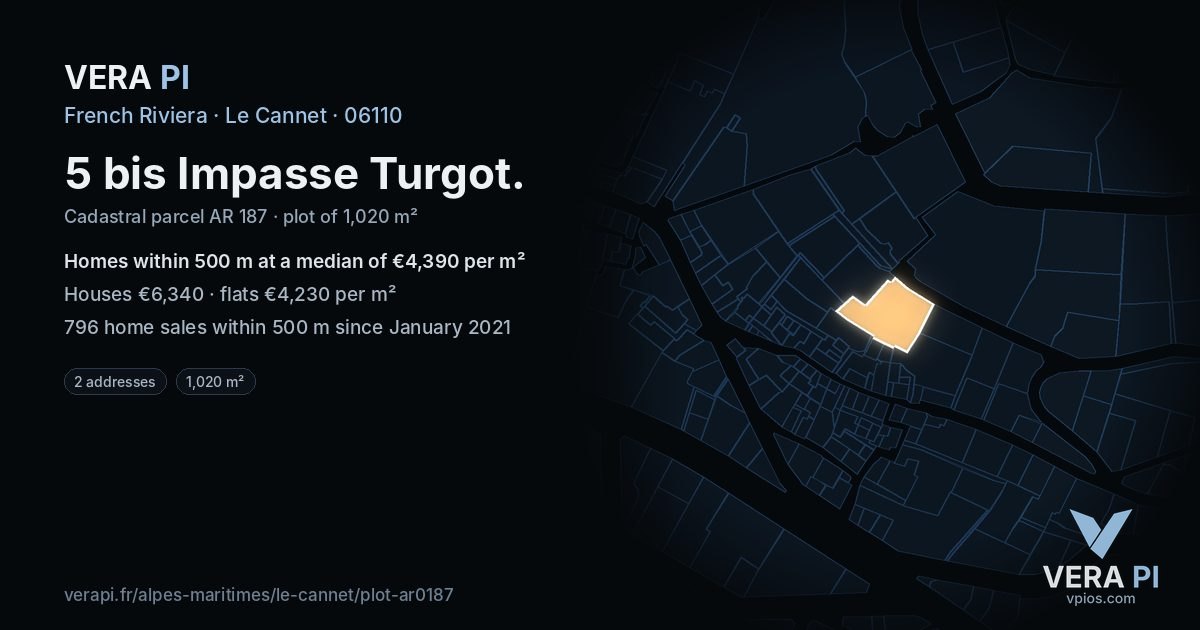 5 bis Impasse Turgot, Le Cannet at night – the plot lit, the parcels around coloured by the prices near them