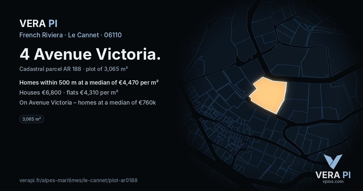4 Avenue Victoria, Le Cannet at night – the plot lit, the parcels around coloured by the prices near them