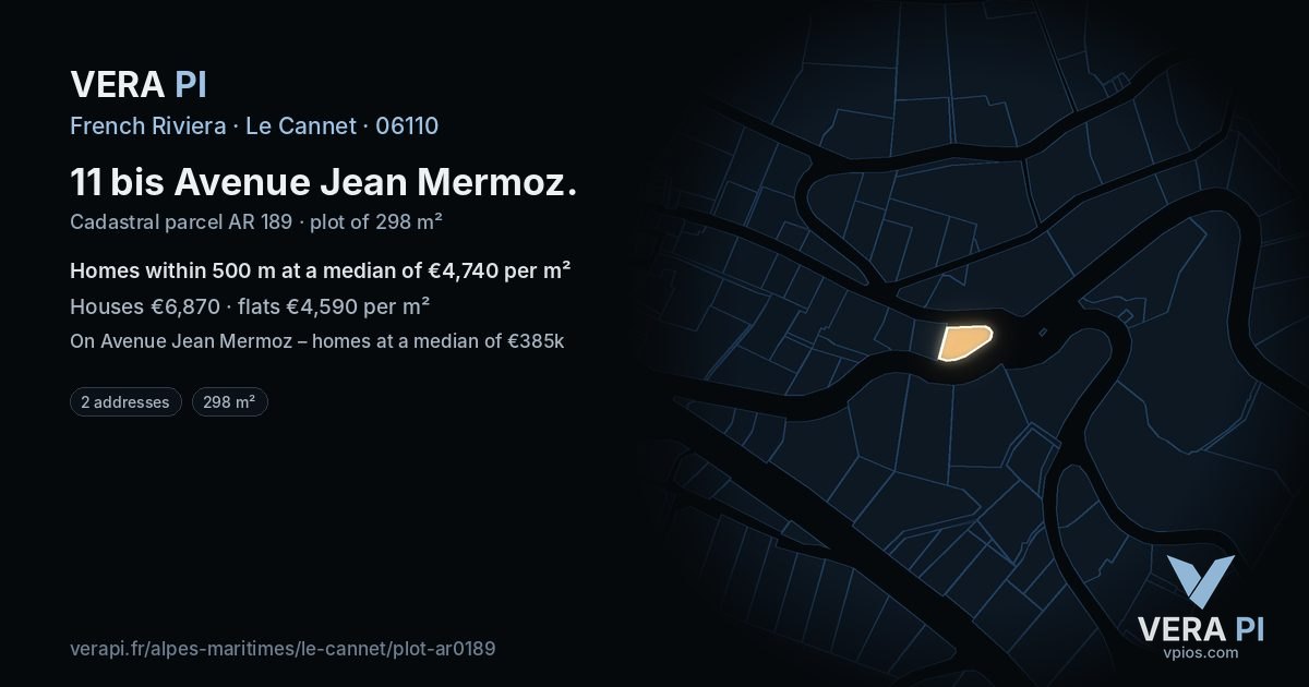 11 bis Avenue Jean Mermoz, Le Cannet at night – the plot lit, the parcels around coloured by the prices near them