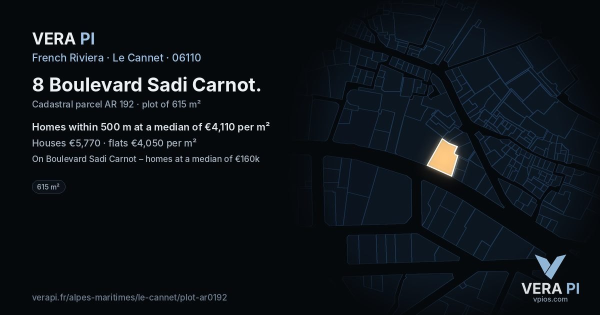 8 Boulevard Sadi Carnot, Le Cannet at night – the plot lit, the parcels around coloured by the prices near them